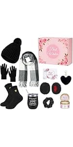 Patelai 11 Pcs Birthday Basket Gifts Set for Women Knitted Winter Beanie Hat Gloves Scarf Earmuff Tumbler Candle Fleece Socks