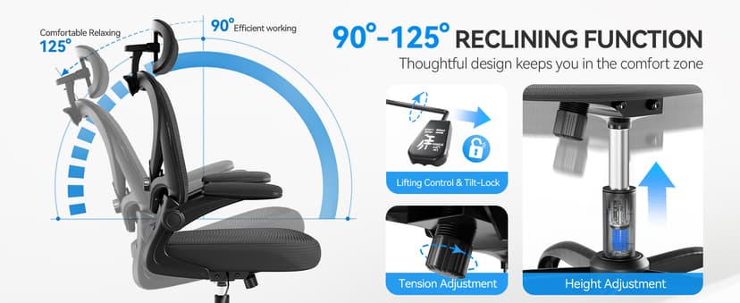 Freepub Ergonomic Office Chair with Headrest 3D, Mesh Office Desk Chair with Adjustable Lumbar Support, Computer Chair with Flip up Armrests, 350LBS Capacity - Design for Home/Offices - Black