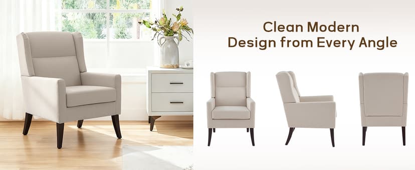 Zihanhome High Back Living Room Chairs, Fabric Accent Chair, Comfy Upholstered Armchair with Wooden Legs for Living Room, Bedroom, Apartment (1, Beige)