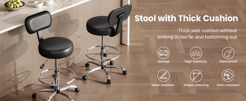 SUPERJARE Drafting Chair with Back, Adjustable Foot Rest Rolling Stool, Multi-Purpose Office Desk Chair, Thick Seat Cushion for Home Bar Kitchen Shop - Black