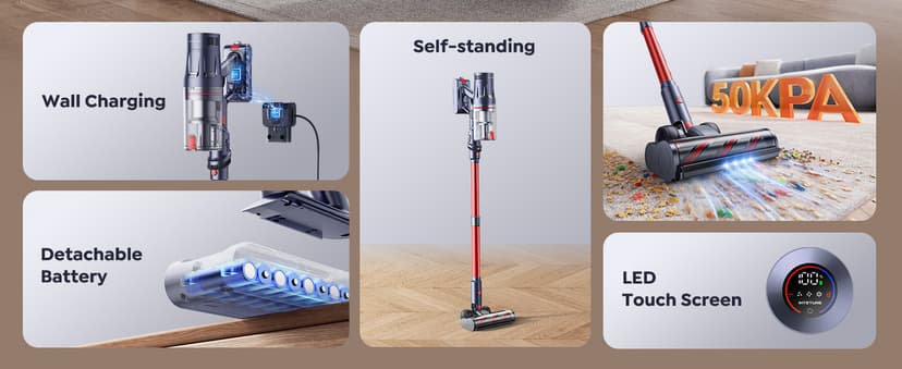 Cordless Vacuum Cleaner, 600W 50Kpa 65Mins Vacuum Cleaners for Home, Self-Standing Stick Vacuum with Touch Screen & Wall Charging Station for Hard Floor Carpet Pet