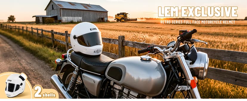 LEM Motorcycle Helmet Full Face for Men and Women, Retro Vintage Classic Open Face Style, Lightweight Fiberglass Shell, DOT Certified, for Cruiser, Cafe Racer, Scooter, Commuter (White, Size XL) Kick