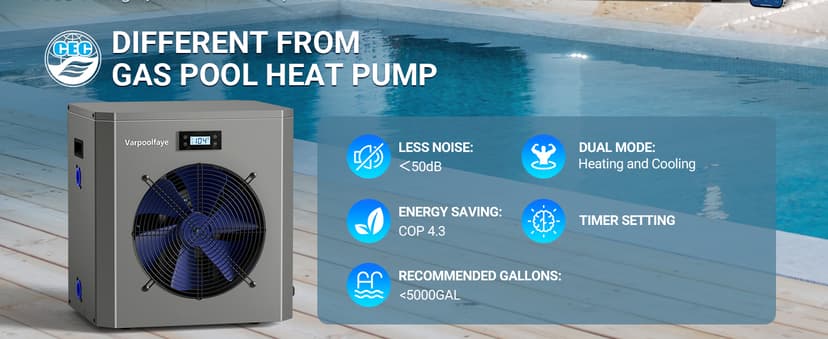 16000 BTU Swimming Pool Heat Pump 5000 Gallon Electric Pool Heater for Above Ground Pool 5KW Heating or Cooling WiFi Control Timer Pool Heater 120V 60Hz