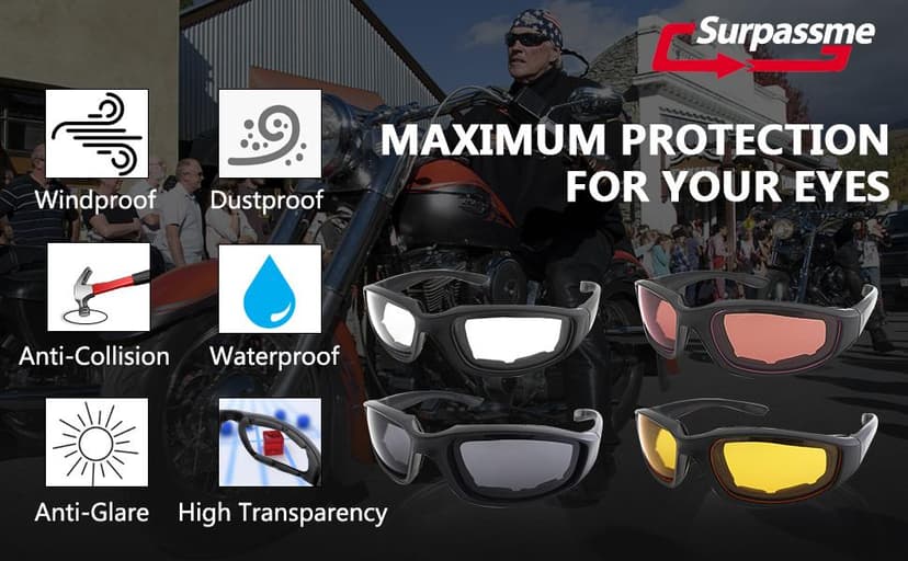 3 Pair Motorcycle Riding Glasses Padding Goggles UV Protection Dustproof Windproof Motorcycle Sunglasses for Outdoor Actives
