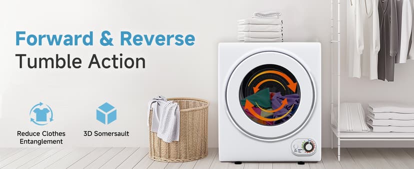 Feelfunn 110V Portable Dryer – 850W Compact Clothes Dryer with 4 Automatic Drying Modes, Stainless Steel Tub, Simple Control Knob for Apartments, Dorms & Small Spaces