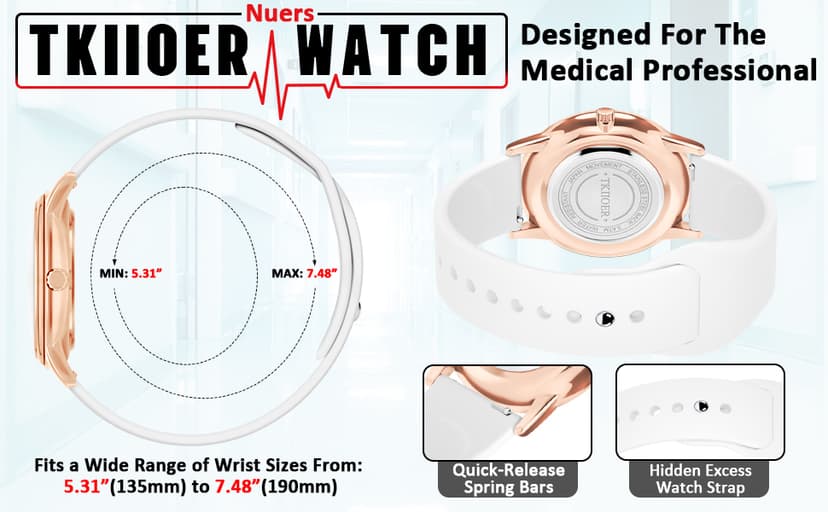TKIIOER Nurse Watch for Nurse Medical Professionals Students Women Men, 50M Waterproof 12/24 Hour Military Time Luminous Easy Read Dial, Second Hand Watch for Nursing