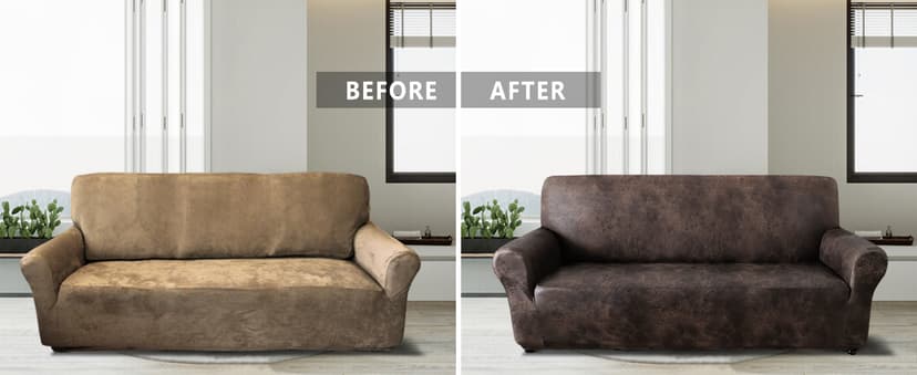 ANARACHON Sofa Cover, Couch Covers for Leather Couches, Stretch Sofa Covers with Leather-Like Texture, Washable, Non-Pilling, Non-Slip 1-Piece Couch Cover for Dogs, Cats and Kids (Sofa, Brown)