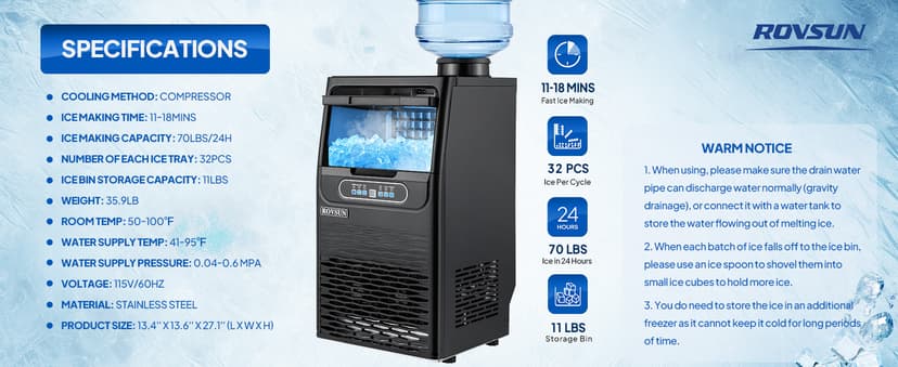 ROVSUN 110LBS/24H Commercial Ice Maker Machine with 50lbs Storage Bin, Freestanding/Countertop Ice Machine with 2 Water Inlets, Ice Scoop & Water Filter for Home Office Restaurant Bar Cafe Use