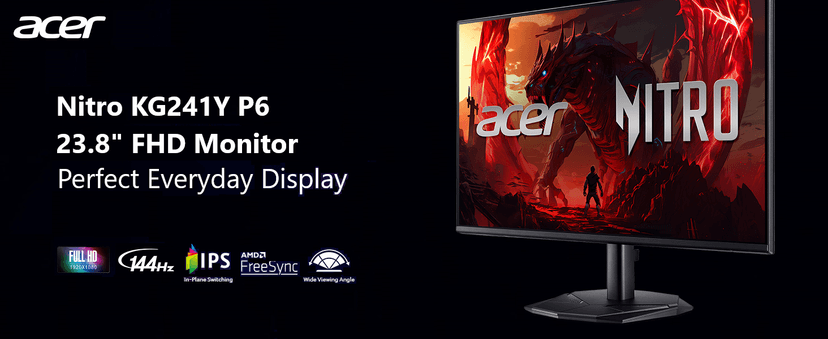Acer Nitro 23.8” Gaming Monitor | Full HD 1920 x 1080 | IPS | ZeroFrame | AMD FreeSync | 144Hz Refresh Rate | 1ms (VRB) | sRGB 99% | 1 x Display Port 1.2 and 1 x HDMI 1.4 | KG241Y P6bip