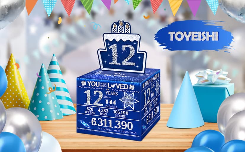 12 Happy Birthday Money Box for Cash Gift, 12th Birthday Decorations for Boys and Girls, Gifts for 12 Year Old Boy, Boy Gift Ideas, Cool Things for Teen -Blue with 100PCS Bags