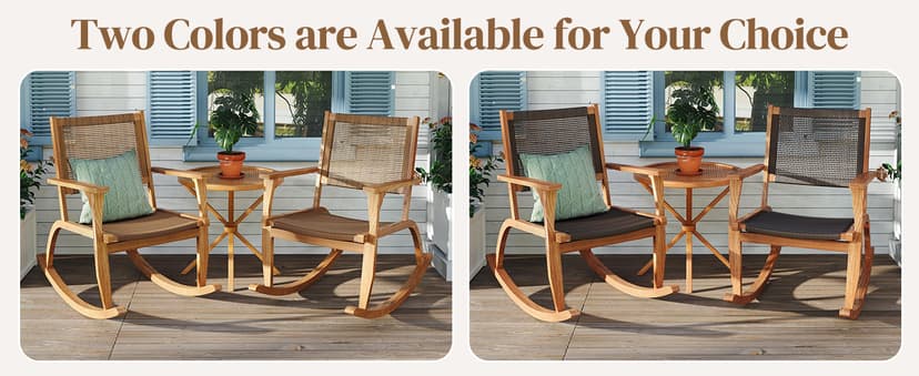 Acacia Wood Outdoor Rocking Chair Set of 2, Natural Wicker Outdoor Rockers with Wicker Rattan Seat & Backrest, 400 lbs Capacity Heavy Duty Rocker for Garden, Backyard & Balcony (Natural)