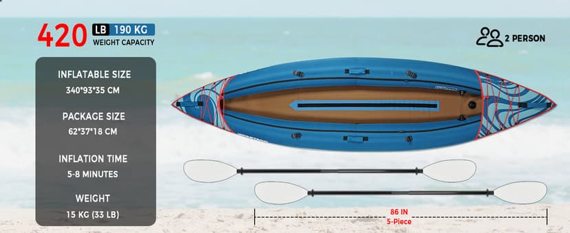 Inflatable Kayak, Portable Ripstop Oxford Cloth Recreational Touring Kayak with Fiberglass Kayak Paddle, Hand Pump and Carrying Bag, 1/2 Person