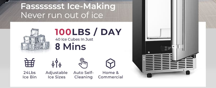 ICYGLEE Commercial Under Counter Ice Maker Machine with Drain Pump, 100Lbs/Day with 24lbs Storage, Built-in Freestanding Ice Maker, Self-Cleaning, 24H Timer, for Commercial & Home Use. (Stainless)