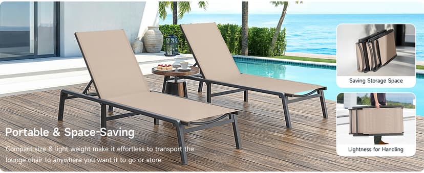 ONBRILL Aluminum Chaise Lounge Chair Outdoor, Foldable & Assembly Free Outdoor Lounge Chair with 5 Position Adjustable Backrest, Patio Pool Lounge Chairs for Outside Poolside Beach Lawn, 1PC, Khaki