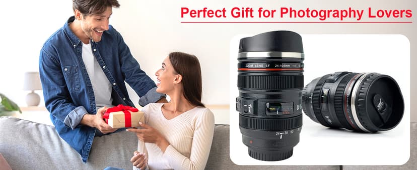 Camera Lens Coffee Mug with Slider Lid and Spoon– Realistic DSLR Thermos Cup, Novelty Gift for Photographers, Men & Women