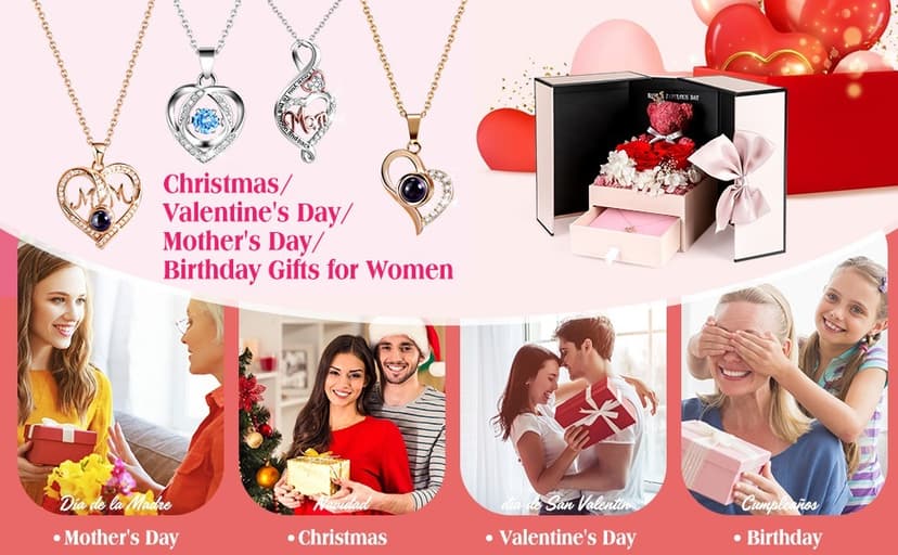 ADDWel Birthday Gifts for Mom from Daughter and Son, Unique Mother Birthday Gift Idea, Preserved Real Roses with I Love You in 100 Languages Mom Necklace, Cool Present to Mother Mama