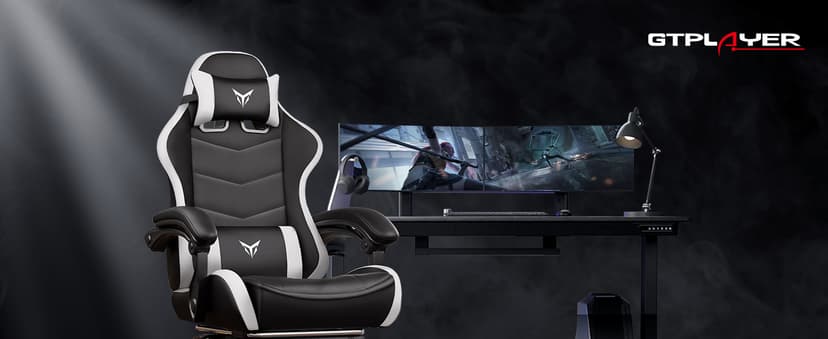 GTPLAYER Gaming Chair High Back Computer Chairs with Foot Rest for Adults, Ergonomic Height Adjustable Recliner Chair 300lbs with Linkage Armrest and Lumbar Support for Home Office, White