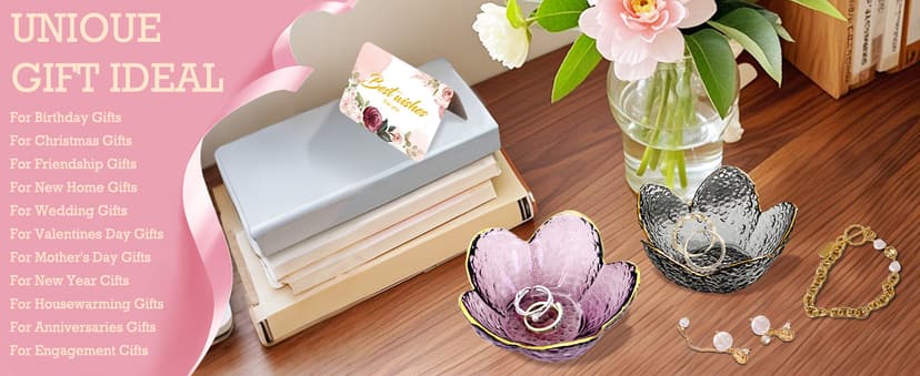 Purple Flower Jewelry Dish Glass Ring Dish Jewelry Tray Cute Vanity Organiser Room Decor Aesthetic Nightstand Bathroom Decor Trinket Dish Ring Holder Valentine's Friendship Birthday Gifts for Women