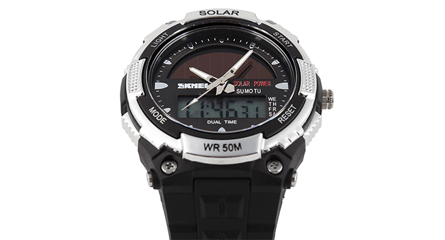 MASTOP Solar Powered Energy Watch for Men Military Digital Multifunctional Led Luminous Indication 2 Time Zone 50m Waterproof Watch Reloj Solar para Hombre