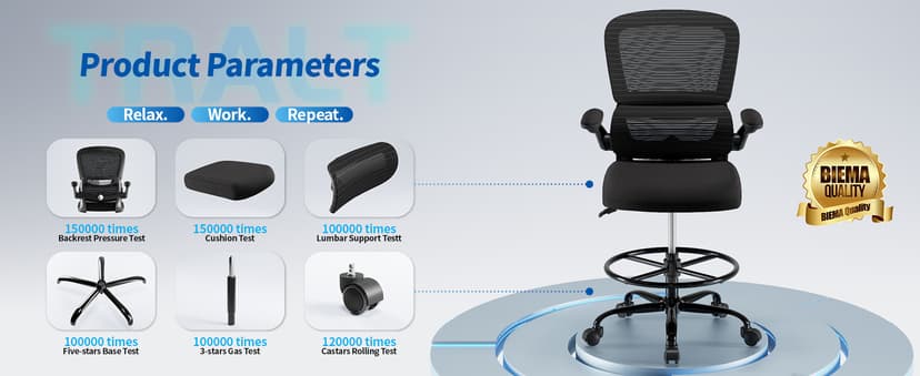 TRALT Drafting Chair - Tall Office Chair for Standing Desk - High Office Chair with Adjustable Footrest Ring Lumbar Support - Tall Office Chairs for Home Office with Flip-Up Armrests (Black)