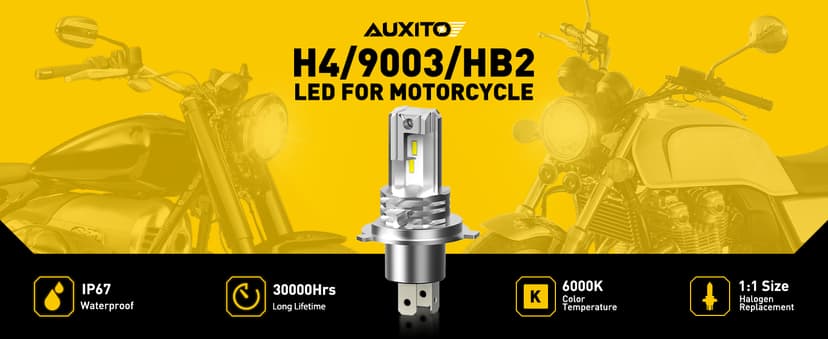 AUXITO H4 Light Bulb Hi/Low for Motorcycle, 400% Brighter, 9003 Bulb 6000K Cool White H4 Fog Light Fanless, Plug and Play, Pack of 1