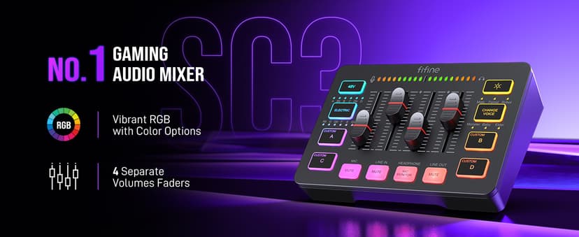 FIFINE Gaming Audio Mixer, Streaming RGB PC Mixer with XLR Microphone Interface, Individual Control, Volume Fader, Mute Button, 48V Phantom Power, for Podcast/Recording/Vocal/Game Voice-AmpliGame SC3