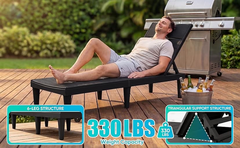 Greesum Outdoor Chaise Lounge Chairs Set of 2 with 5-Position Adjustable Backrest, Waterproof PP Sun Loungers for Garden Pool Beach Patio Deck Sunbathing, Black