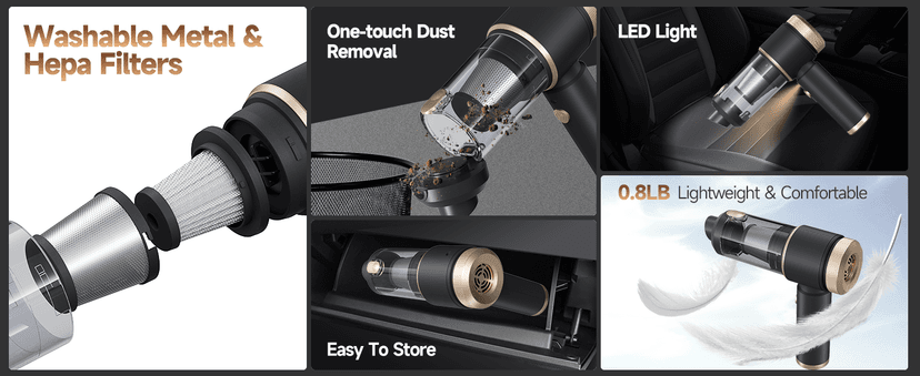 7 in 1 Car Vacuum Portable Cordless ,16000PA Strong Suction Handheld Car Cleaner With Dual HEPA Filters,LED Light,Type-C Charging Mini Vacuum, One-Click Empty Compact For Home Cleaning and Office