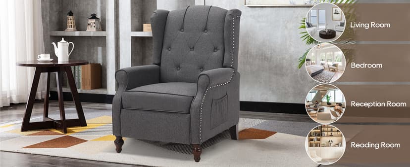 Wingback Recliner Chair with Massage and Heat, Wingback Recliner Tufted Fabric Push Back Recliner Chair for Living Room, Vintage Wingback Chair with Remote Control, Padded Cushion, Wooden Legs
