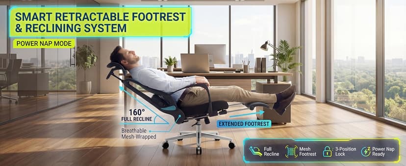 Ergonomic Office Chair with Footrest & Adjustable Lumbar Massager, High Back,Big and Tall,Desk Chair with 5D Headrest, Reclining Swivel Rolling Mesh Chair for Home Office, 400LBS (Black)
