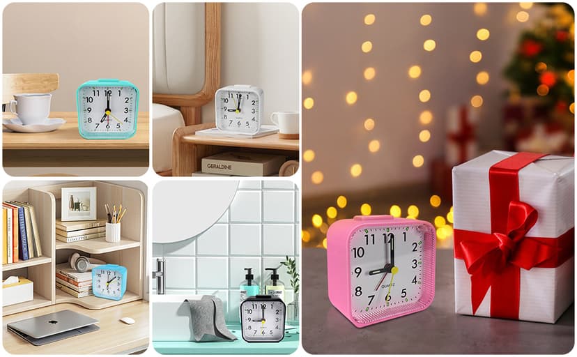 Lamisola Small Analog Travel Alarm Clock, Battery Operated Desk Table Shelf Clock for Kids, Quieter Bedside Alarm Clocks for Bedrooms Bathroom Living Room Kitchen, Black