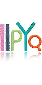 Sensory Toys for Kids Babies Toddlers 4 Pack, P Shape Baby Teething Toys for 3-6 6-12 Months Oral Motor Stimulation, Sensory Chew Toys for Autistic Children, Silicone Chewy Necklaces for Kids Adults