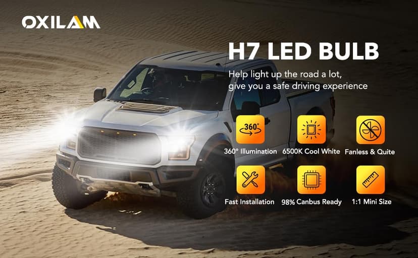 OXILAM H7 LED Light Bulb, 60000LM 10X Brighter 6500K White, Anti-Flicker, 60,000Hrs Lifespan, Plug and Play, H7 Fog Compatible with Cars Trucks SUVs, Pack of 2