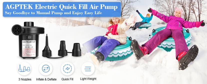 AGPTEK Electric Air Pump,Portable Air Pump with 3 Nozzles, 4.5kPa Quick-Fill,110V AC/12V DC Inflator/Deflator Pumps for Outdoor Camping, Inflatable Air Mattress Beds, Boats, Swimming Ring