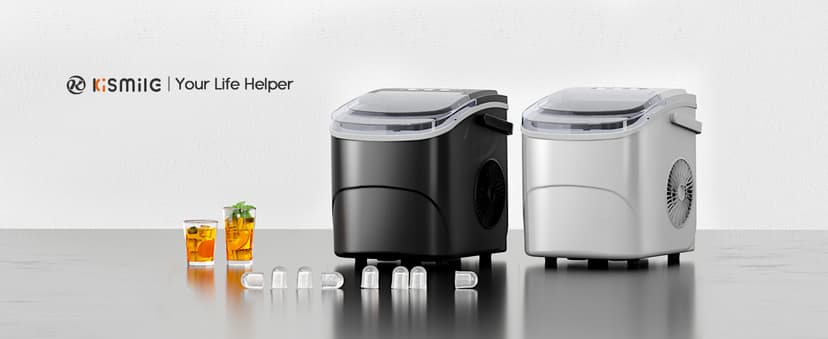 Kismile Ice Maker Countertop with 8 Bullet Ice in 6 Mins, Compact Countertop Design, Portable and Simple One-Touch Operation Efficient for Home/Office Use(Grey)