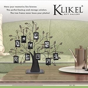 Klikel Family Tree Picture Frame Display with 10 Hanging Picture Photo Frames | Large 20 x 18 Metal Tree | 10 Ornamental 2x3 Frames