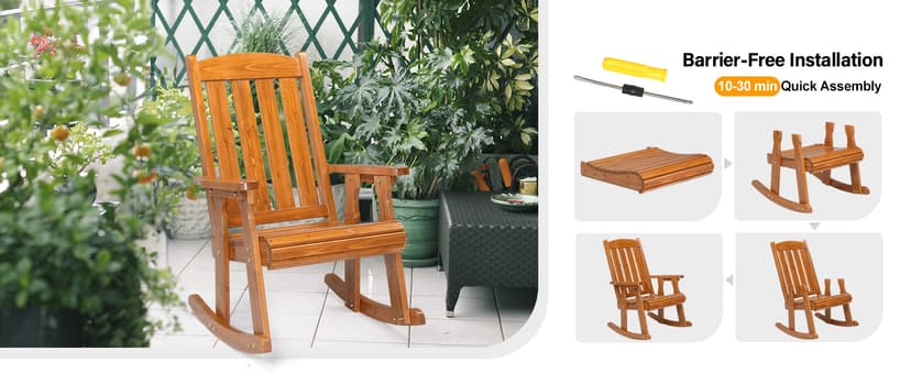 VINGLI Wooden Rocking Chair, Patio Rocker with Higher Backrest, Heavy Duty 600 LBS Outdoor Rocking Chair for Garden, Yard, Balcony, Teak