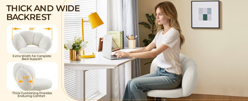 Yaheetech Boucle Upholstered Desk Chair Cloud-Shaped Vanity Chair Adjustable Home Office Computer with Rolling Wheels for Living Room, Bedroom White