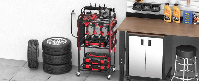 Floor Rolling, Large Tools Storage Cart on Wheels, Heavy Duty Drill Battery Station, Utility Rack Shelf for Garage Workshop JUNNUJ Power Tool Charging Organizer Cart, 8 Outlet 3 USB, 6 FT Cord, Red B0F378R323