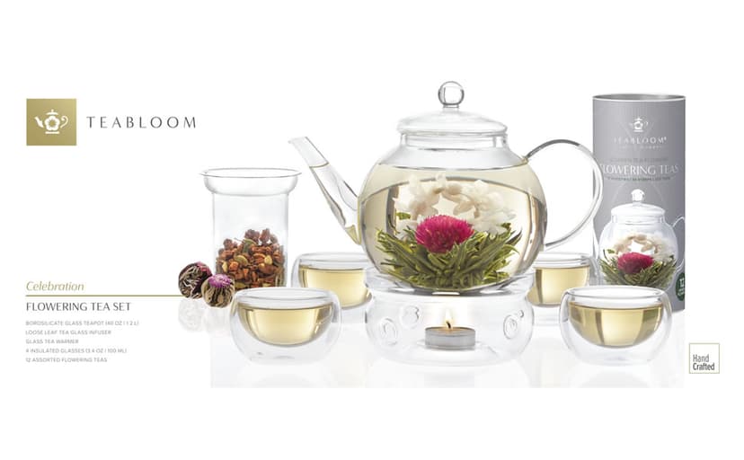 Teabloom Complete Glass Tea Set – Teapot (40 oz), Loose Tea Infuser, 4 Insulated Teacups, Tea Warmer with Candlelight, and 12 Flowering Teas – Elegant Blooming Tea Gift Set