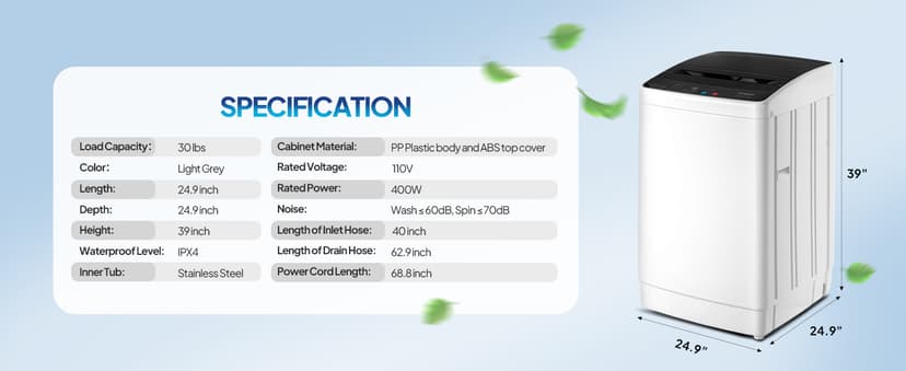 ROVSUN 30LBS Washing Machine, Full-Automatic Portable Washer with Stainless Steel Drum, Electric Laundry Machine, Washer and Spin Dryer Combo with Drain Pump for Home, Apartment