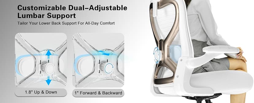 Ergonomic Office Chair for Back & Neck Pain Relief, Virgin Foam Seat, 2D Adjustable Lumbar & 3D Headrest, Tilt & Rock for Relaxation, Ideal for Long Sitting Comfort, White/Gold