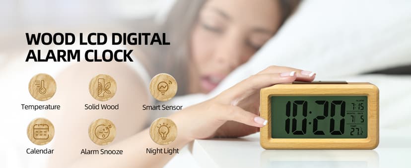 everwood Wooden Digital Battery Operated Alarm Clocks for Bedrooms, Beside, Table, Desk