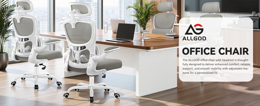 ALLGOD Ergonomic Office Chair, Mesh Desk Chair with Lumbar Support, High Back Home Office Chair with Adjustable Headrest and Flip-Up Arms, Comfortable Computer Chair, Thick Cushion, 300 LBS, LightGray