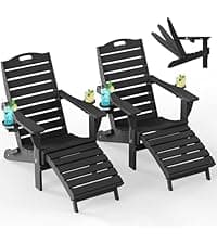 Ciokea Folding Adirondack Chair with Retractable Ottoman Fire Pit Patio Chair with Pull Out Foot Rest Weather Resistant Lawn Outdoor Lounge Chair with 2 Cup Holder (Grey)