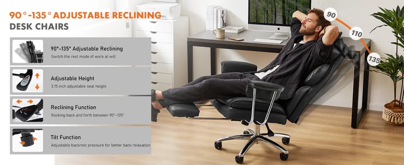Sweetcrispy Executive Home Office Desk Chair - Ergonomic Big Tall High Back with Footrest & Lumbar Support, Reclining Height Adjustable, Comfy PU Leather Computer Gaming with Swivel Wheels, Black