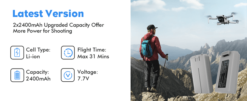 Intelligent Battery 2400mAh(2-Pack) with Bi-Directional Fast Charger for DJI Mini 4K/Mini2/Mini 2 SE/Mini SE - High Capacity Li-ion Batteries with Overheat Protection,31 Mins Flight Time