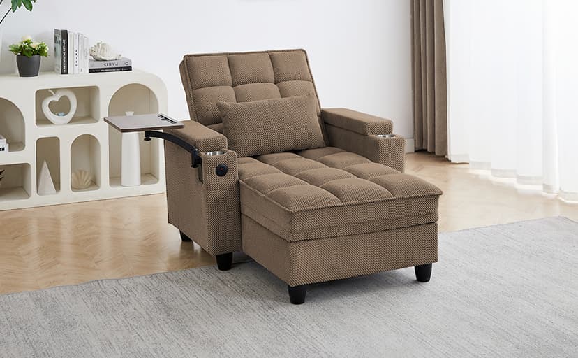 41.7" Oversized Chaise Lounge Chair Indoor, Boucle Upholstered Sofa Bed with Adjustable Backrest, Deep Seat Reading Chair, Sofas Couches for Living Room, Storage, Cup Holders & 360° Swivel Side Table