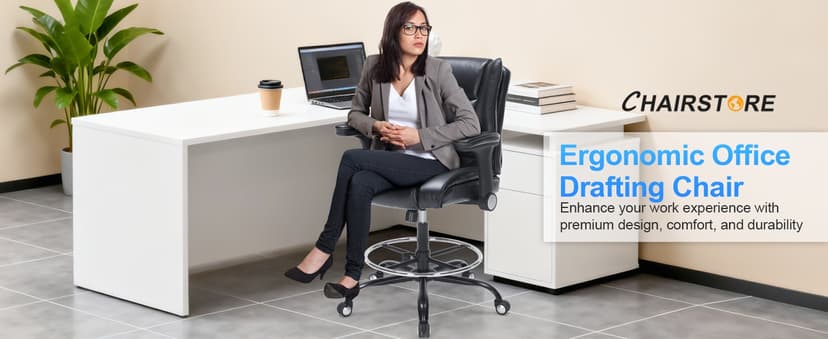 Office Drafting Chair, Tall Desk Chair with Adjustable Armrests and Footrest Ring PU Leather Standing Desk Chair with Extra Thicken Seat Cushion, Comfy High Office Chair for Counter Height Desk, Black