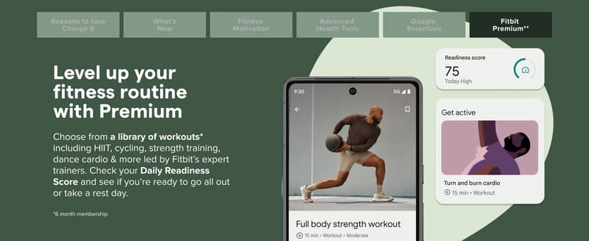 Fitbit Charge 6 Fitness Tracker with Google apps, Heart Rate on Exercise Equipment, 6-Months Premium Membership Included, GPS, Health Tools and More, Obsidian/Black, One Size (S & L Bands Included)